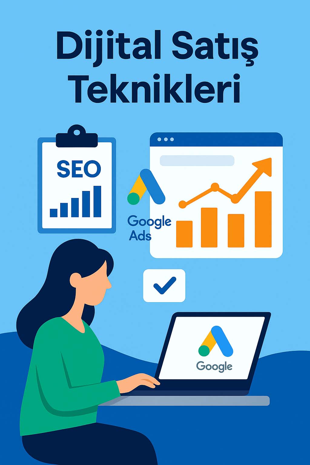 SEO, Google Ads ve analiz grafikleri ile dijital satış teknikleri konsepti