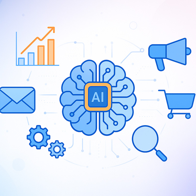 Yapay zekâ ile pazarlama: beyin/çip simgesi ve e-posta, megafon, alışveriş sepeti, büyüteç ikonları